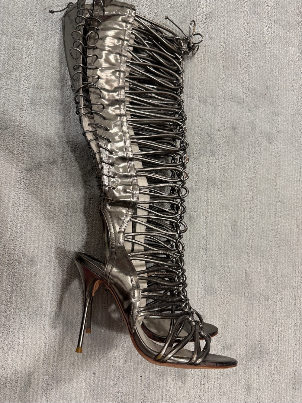 Sophia Webster Metallic Pewter Lace-Up Over-the-Knee Stiletto Boots